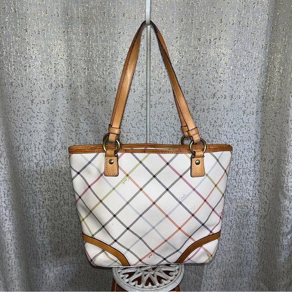 Coach Peyton Tattersall Stripe Tote Shoulder Bag F21863 Cream Multicolor - Picture 2 of 5